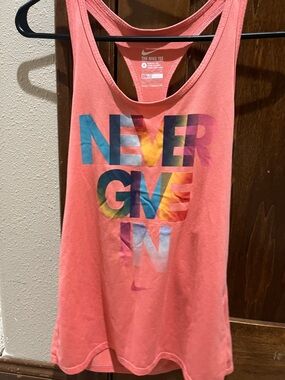 Nike Coral Racerback Tank with Multicolor 'Never Give In' Print